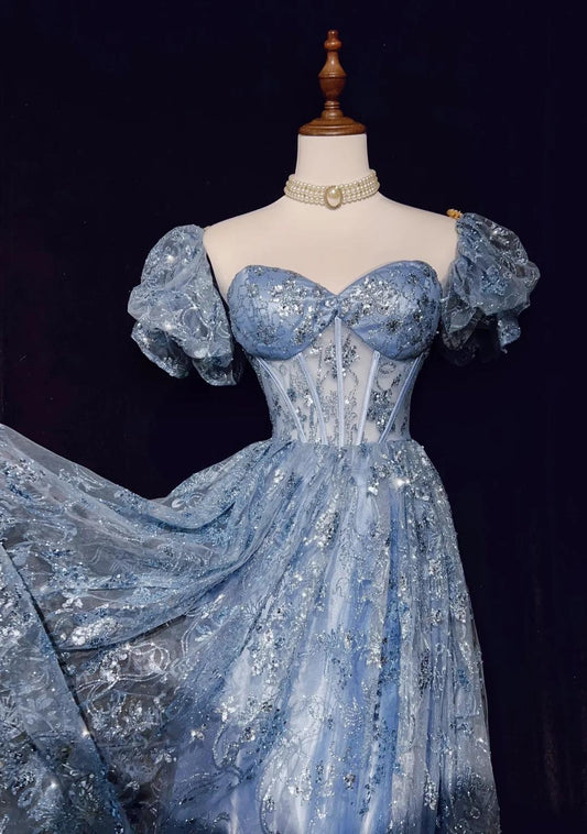 A-Line Sweetheart Neck Tulle Sequin Long Prom Dress Exquisite Birthday Dress HZ1024