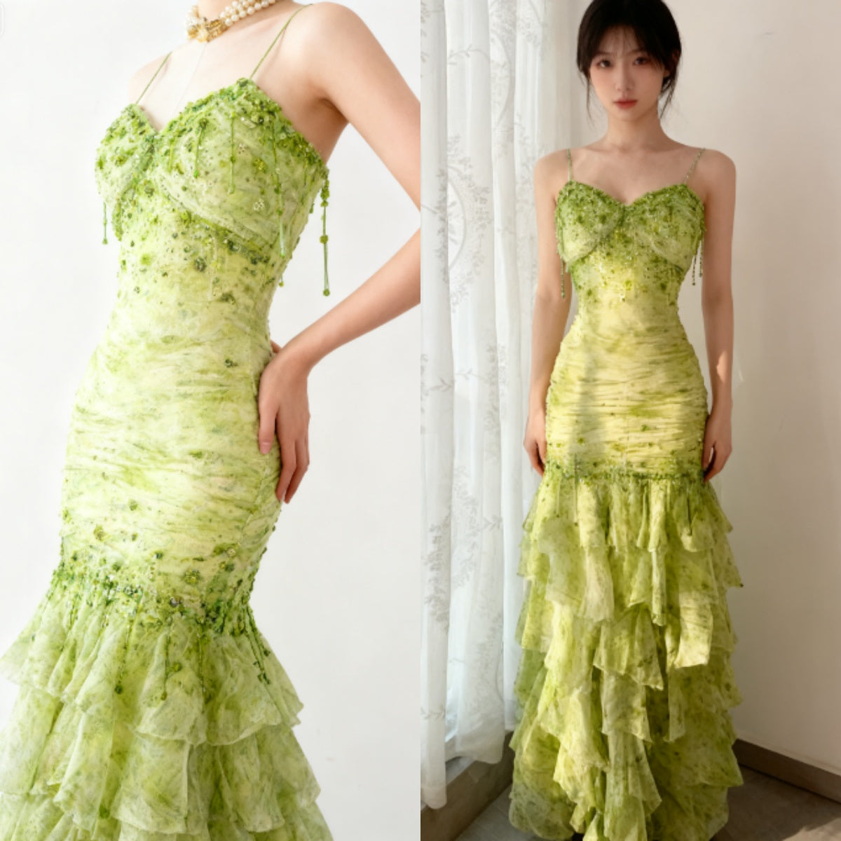 Fairytale Green Mermaid Vintage Party Dresses Sweetheart Chiffon Beaded Layed Prom Dresses ED01769
