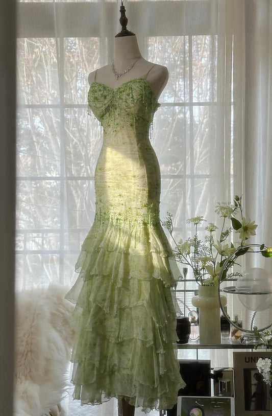 Fairytale Green Mermaid Vintage Party Dresses Sweetheart Chiffon Beaded Layed Prom Dresses ED01769