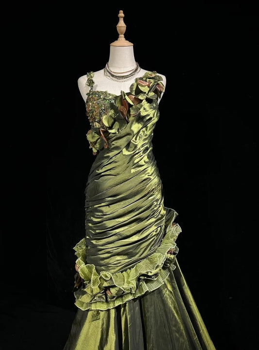 Dark Green Retro Mermaid Irregular Neckline Satin Beaded Long Prom Dress Birthday Graduation Prom Dress ED01776