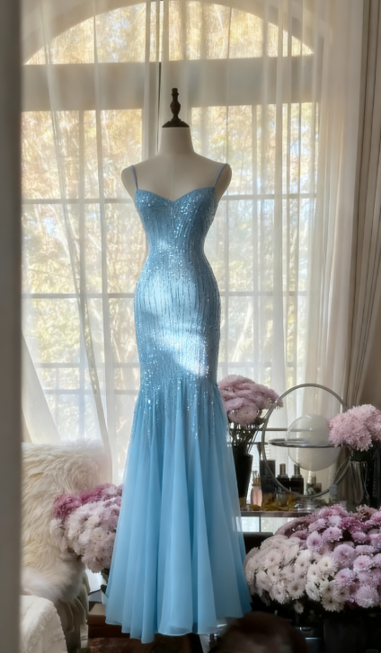 Sparkly Spaghetti StrapsPurple Mermaid Wedding Guest Dresses Beaded Tulle Chiffon Long Prom Dresses ED01778