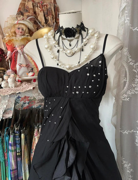 Black Chiffon Mermaid Party Dresses with Silt Spaghetti Straps Long Prom Dresses HZ1024