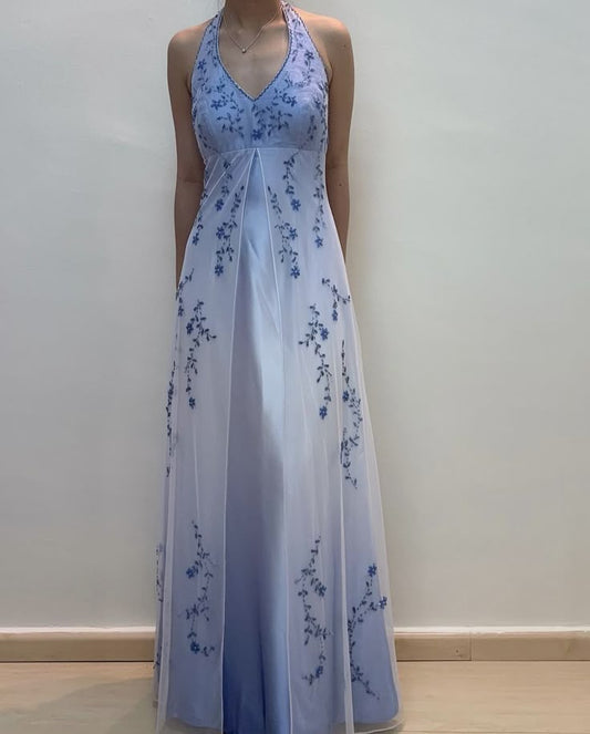 Vintage Gradient Purple Sheath Halter Neck Satin Prom Dress with Beaded Appliques ED01791