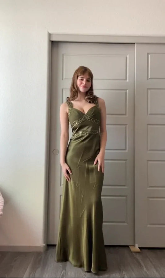 Olive Green Mermaid Spaghetti Straps Satin Beaded Long Prom Dress Evening Dress ED01795