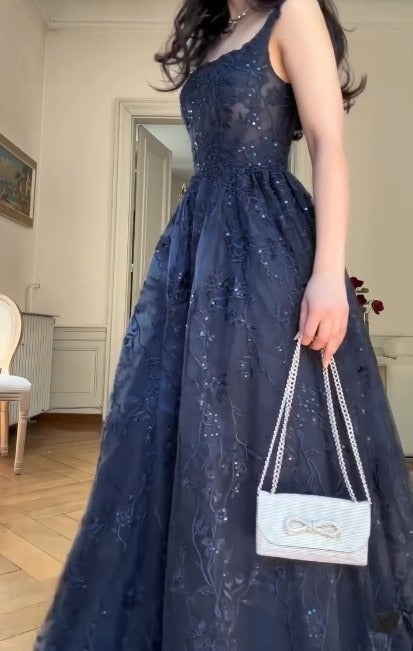 Navy Blue A-Line Spaghetti Straps Tulle Embroidery Applique Long Prom Dress Evening Dress HZ1024