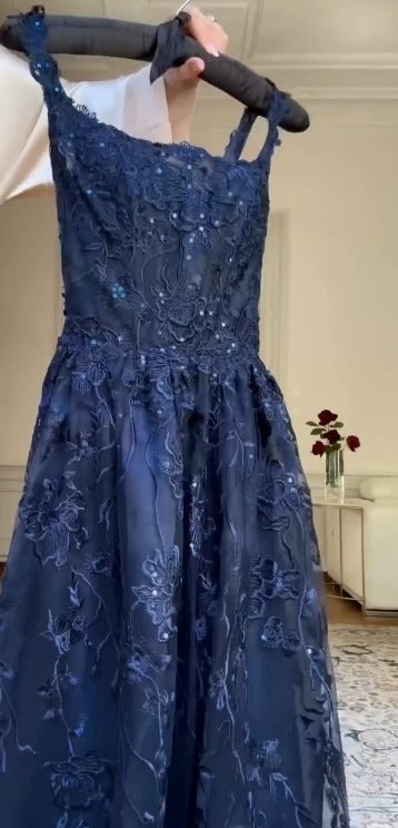 Navy Blue A-Line Spaghetti Straps Tulle Embroidery Applique Long Prom Dress Evening Dress HZ1024