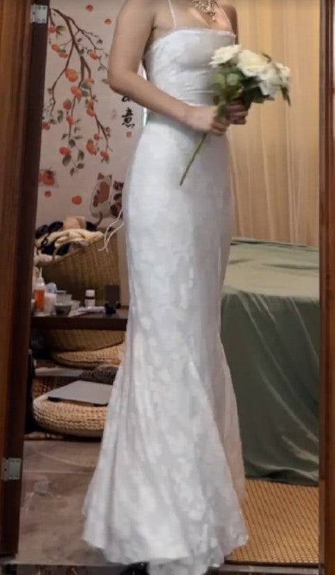 White Elegant Spaghetti Strap Mermaid Long Prom Dress Simple Wedding Party Dress ED01814