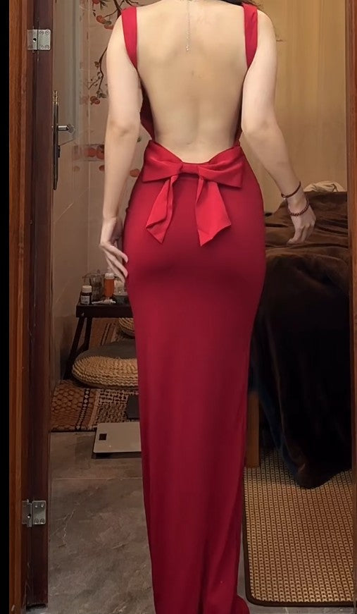 Spaghetti Strap Satin Backless Long Bodycon Dress Ball Evening Dress HZ1024