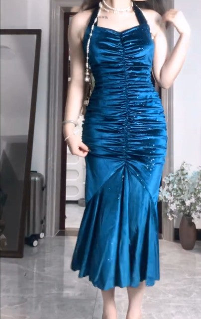 Blue Pleated Mermaid Satin Open Back Prom Dress Birthday Dress HZ1024
