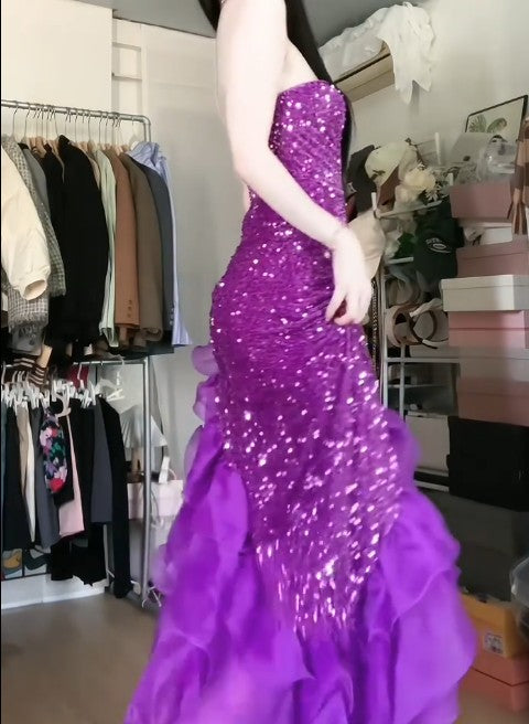 Purple Mermaid Sequined Strapless Tulle Evening DressED01835
