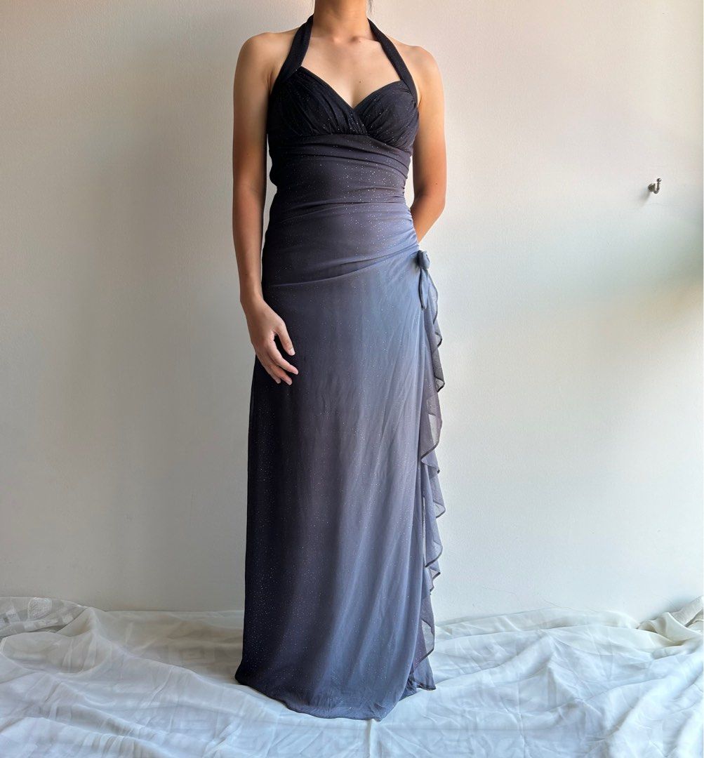 Gradient Dark Gray Halter Neck Ruffle Sheath Prom Dress Birthday Dress HZ1024