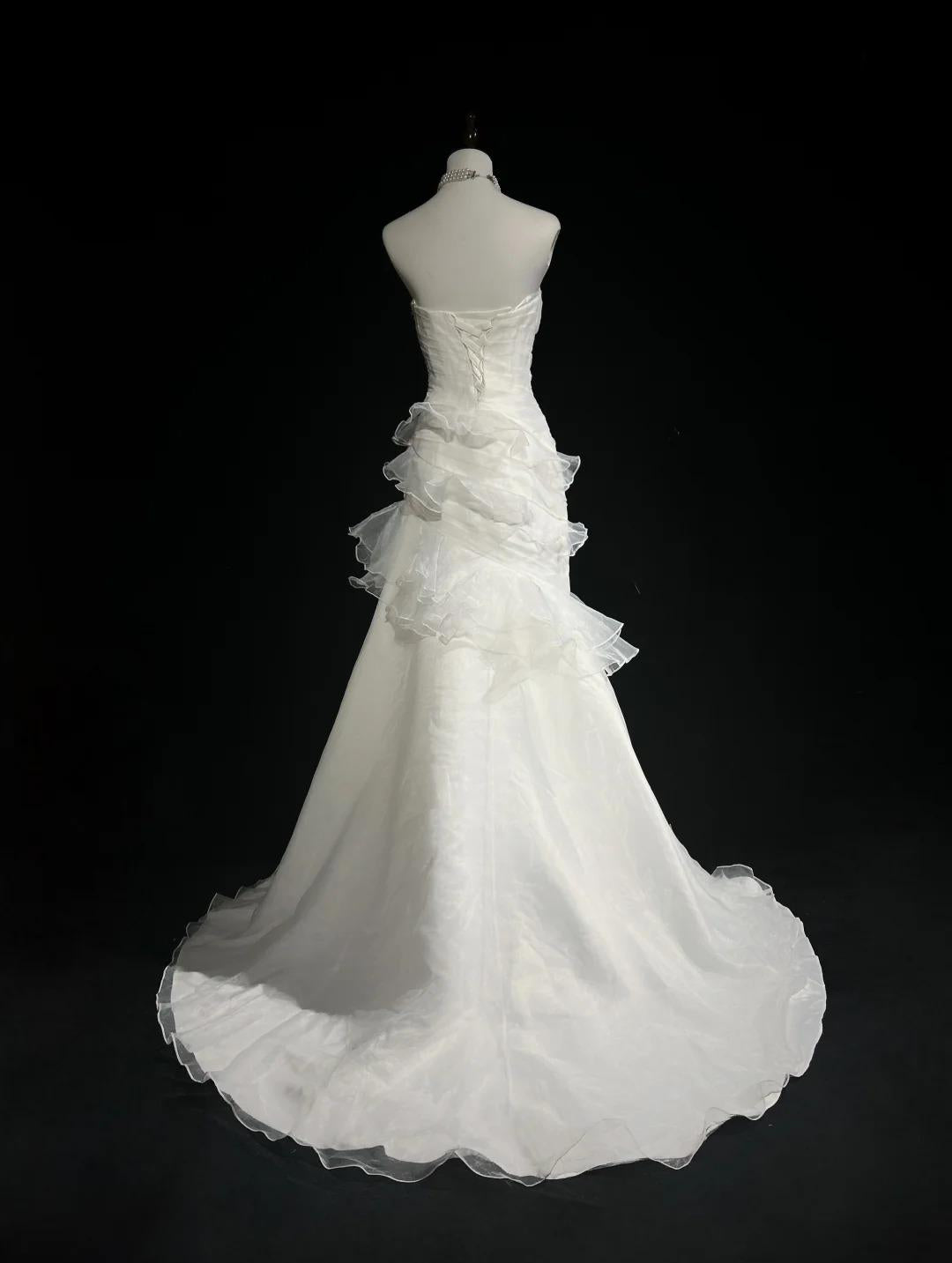 White Strapless Mermaid Organza Long Prom Dress Simple Wedding Dress HZ1024