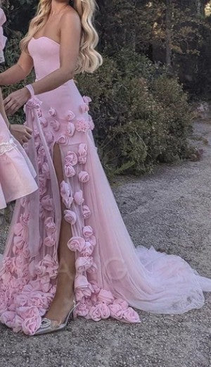 Pink Bodycon Dress Strapless Applique Tulle Long Prom Dress HZ1024