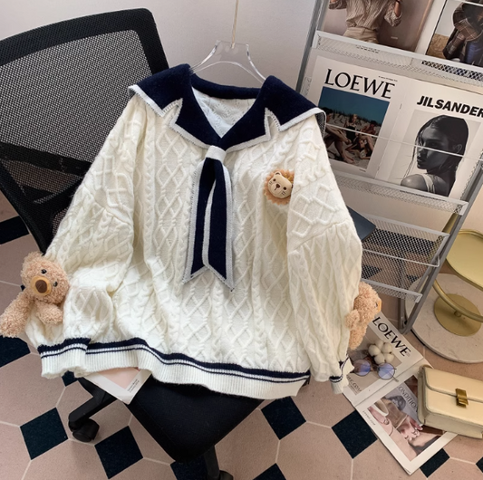 collar preppy style bear women's long sleeve sweater HZ1024