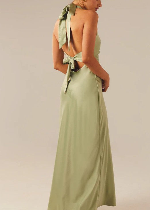 V-neck Sheath Halter Satin Backless Long Prom Dress Pretty Evening Dress HZ1024