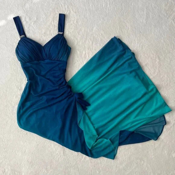 Gradient Blue Glitter Chiffon Sweetheart Neck Prom Dress Birthday Dress HZ1024