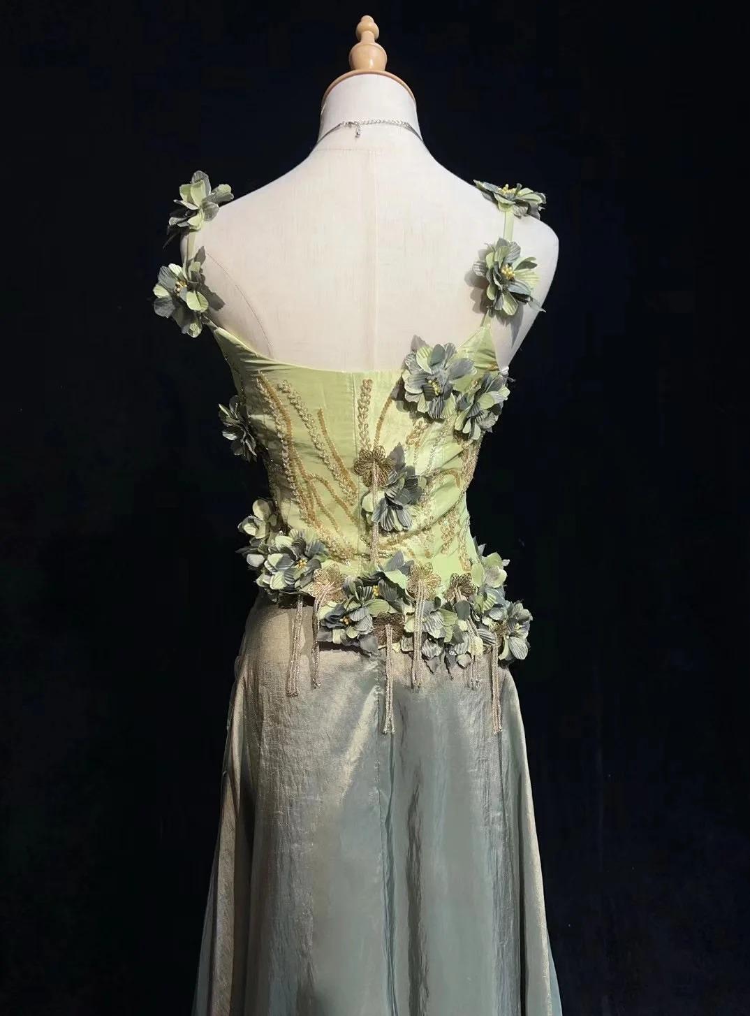 Vintage Olive Green Spaghetti Straps Sheath Beaded Prom Dress Gorgeous 3D Flowers Formal Evening Dress ED01901