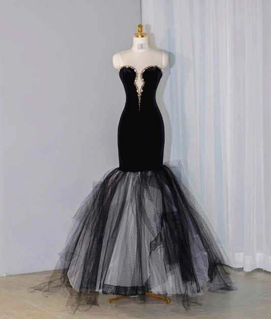 Black Velvet Mermaid Strapless Beaded Long Prom Dress Tulle Formal Evening Dress HZ1024