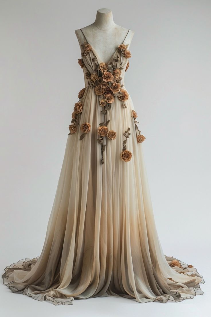 Gradient Champagne V-neck Chiffon A-Line Prom Dress Three-dimensional Rose Simple Wedding Dress _ED01923