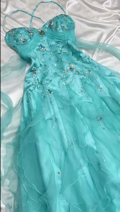 __ 1950s Inspired Baby Princess Blue Prom Dress - Shimmering Sequins Tulle & Satin Ballgown for Formal Events ED01932