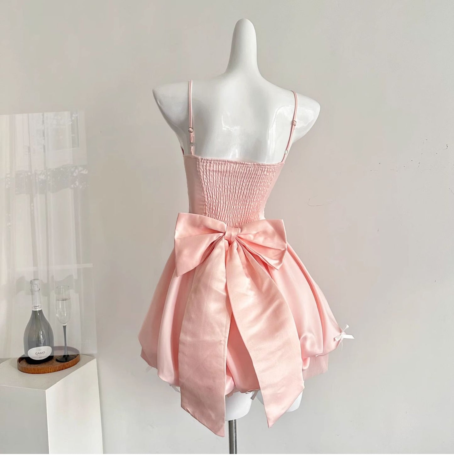 Fairytale_©· Spring Pool Party Dress Pink Satin A-Line Short Prom Dress for Birthday &Homecoming ED01937