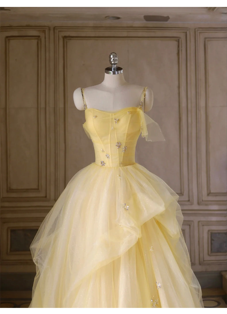 Sweet Yellow Princess Tulle Prom Dress __A-Line Shinny Beaded Evening Gown for Graduation & Quinceanera & Birthday ED01940