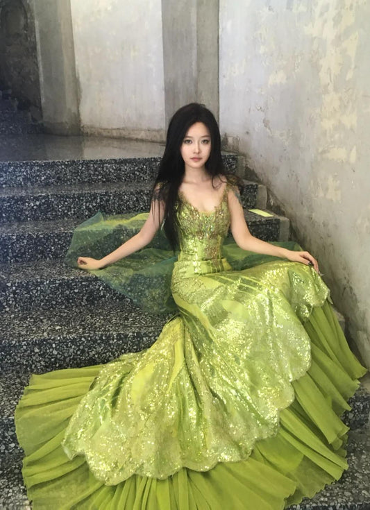 Fairytale Bud Green Mermaid Sequins Beaded Prom Dress Backless Tulle Evening Gown ED01945