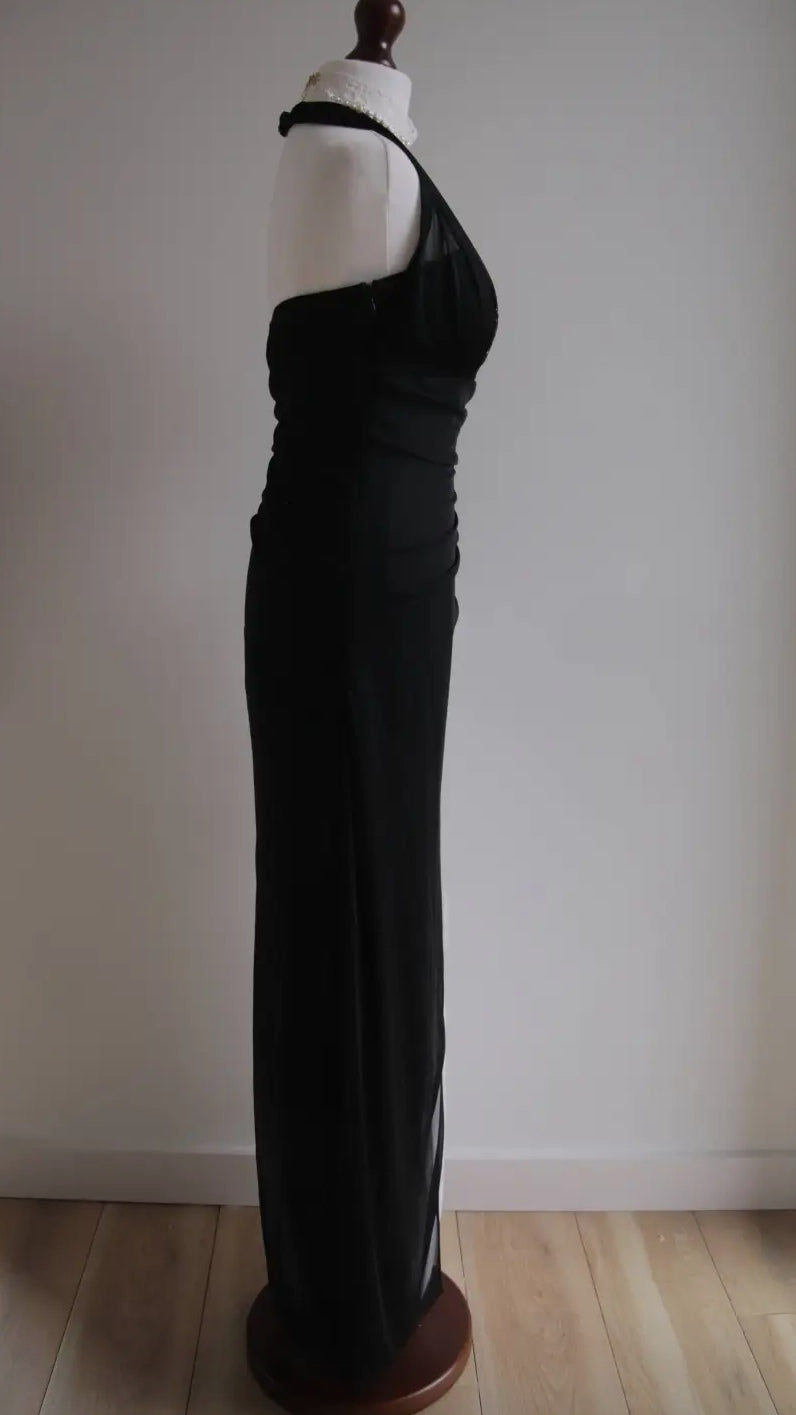 Black Chiffon Beaded Neck Prom Dresses Elegant White Ruffle Party Dresses HZ1024