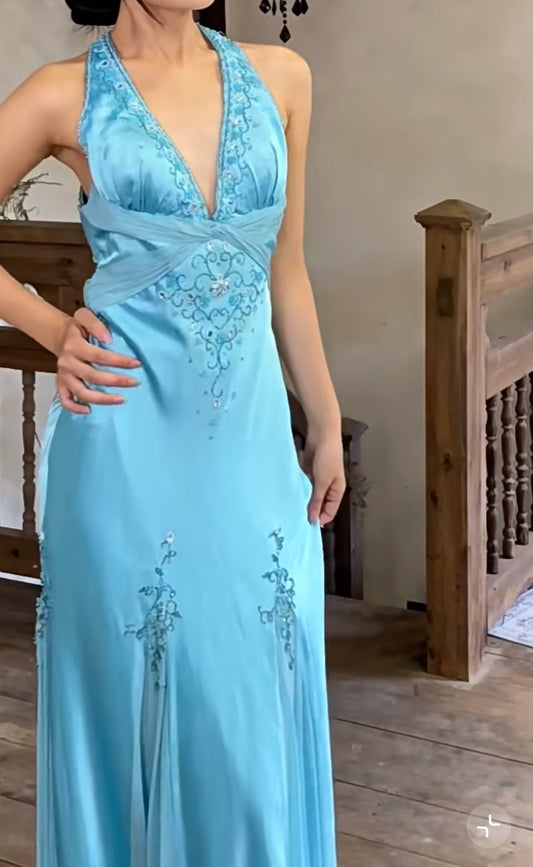 Glam Satin Sky Blue Halter Prom Dress Elegant Beaded Backless Evening Gowns ED01965