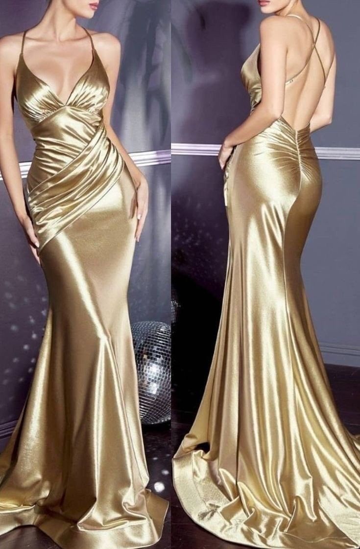 Sexy Gold Satin Spaghetti Strap Mermaid Backless Prom Dress Formal Prom Dress ED01976