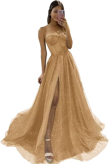 Black A-Line Tulle Sequin Long Prom Dress Spaghetti Strap Formal Evening Dress with Silt HZ1024