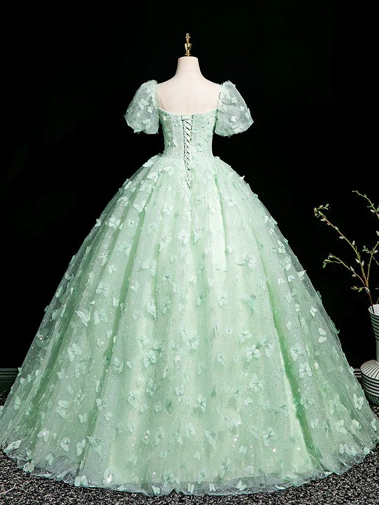 Mint Green A-Line Puff Sleeves Tulle Lace Long Prom Dress Formal Dress HZ1024