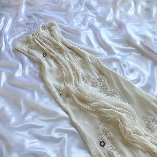 Vintage White Spaghetti Straps Chiffon Sheath Gentle Prom Dresses with Beading ED01985