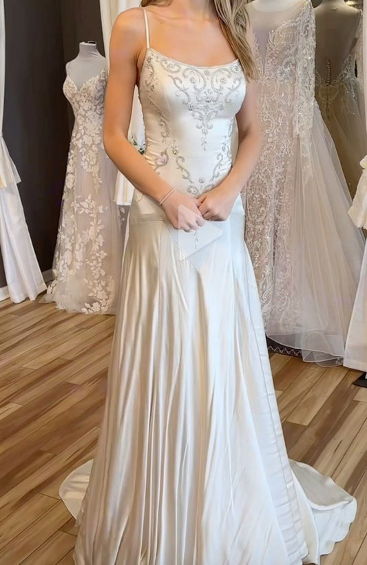 Elegant Spaghetti Straps Mermaid Wedding Dress Satin Beading Long Prom Dress Simple Formal Evening Dress ED01995