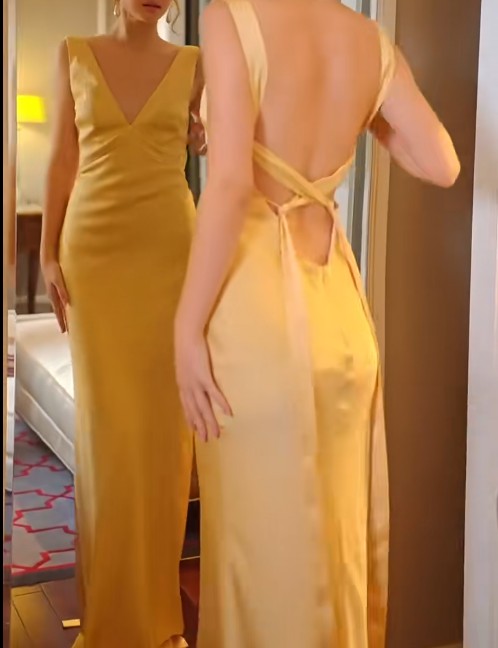 Yellow Satin Sheath V Neck Backless Party Dress Sexy Elegant Evening Dress HZ1024