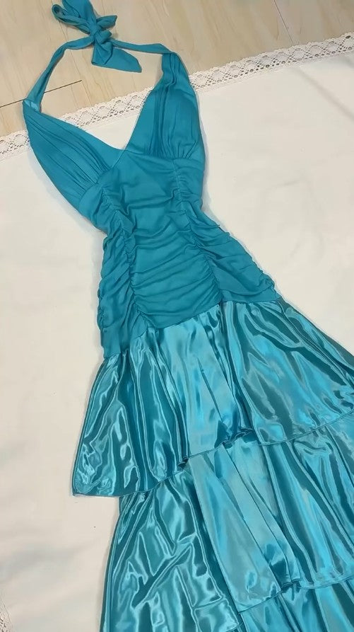Vintage Turquoise Chiffon Halter A-line Long Prom Dresses Sweet Backless Tiered Satin Party Dresses ED02009