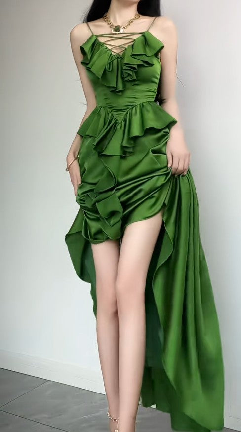 Elegant Sapphire Blue Spaghetti Strap Simple Satin V-Neck A-Line Party Dress ED02021