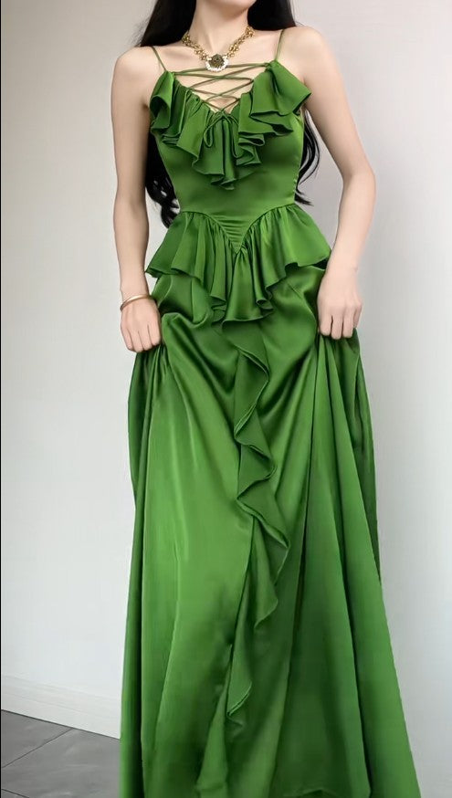 Elegant Sapphire Blue Spaghetti Strap Simple Satin V-Neck A-Line Party Dress ED02021