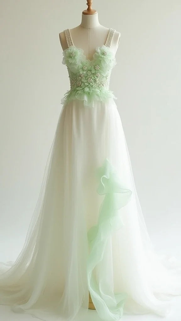 White Tulle V-neck A-Line Long Prom Dresses with Beading Formal Evening Dress HZ1024
