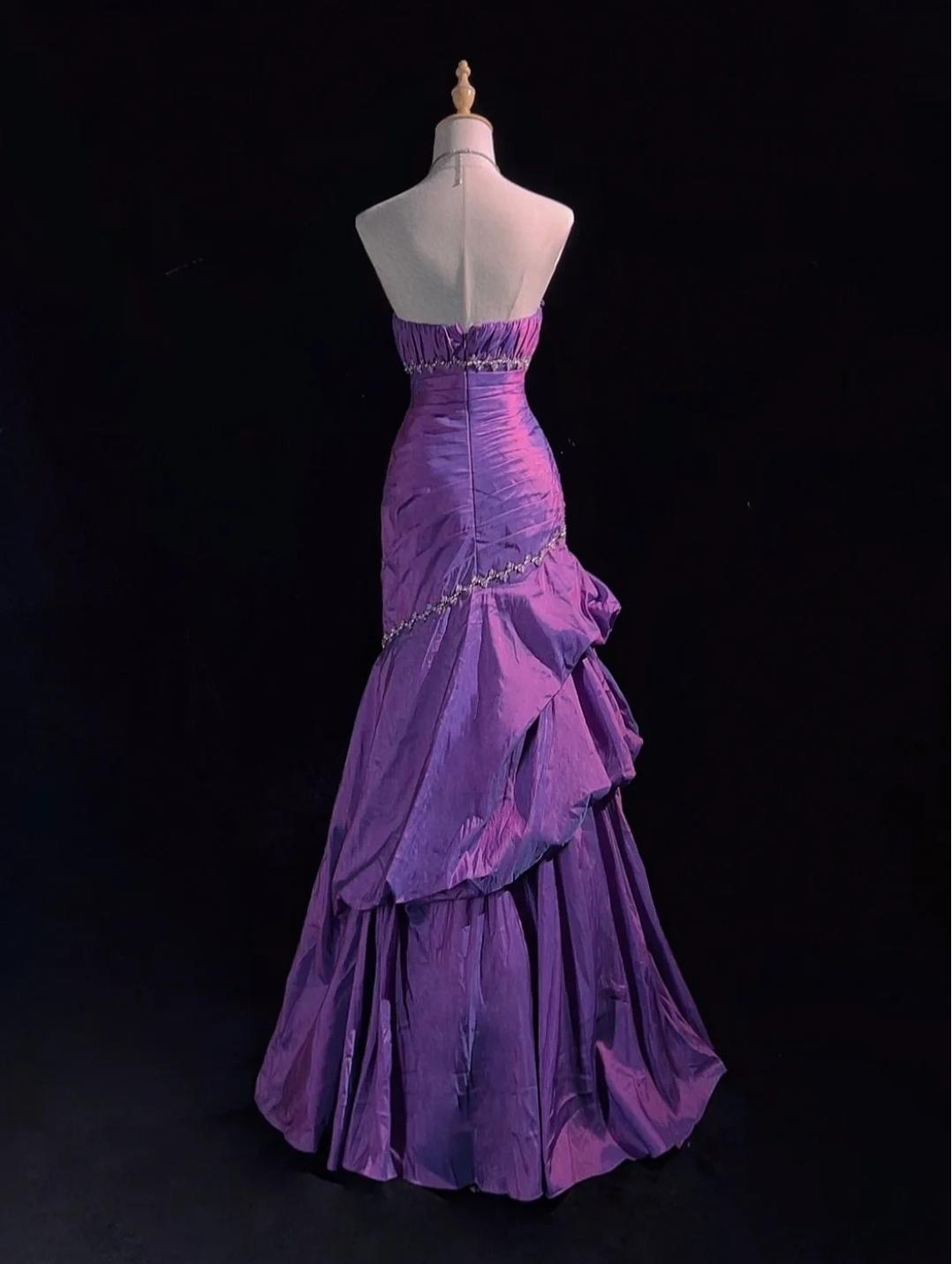 Glam Strapless Mermaid Taffeta Long Prom Dresses Purple Long Formal Dresses Elegant Evening Dresses with Beadings ED02033