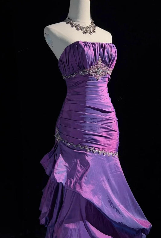 Glam Strapless Mermaid Taffeta Long Prom Dresses Purple Long Formal Dresses Elegant Evening Dresses with Beadings ED02033