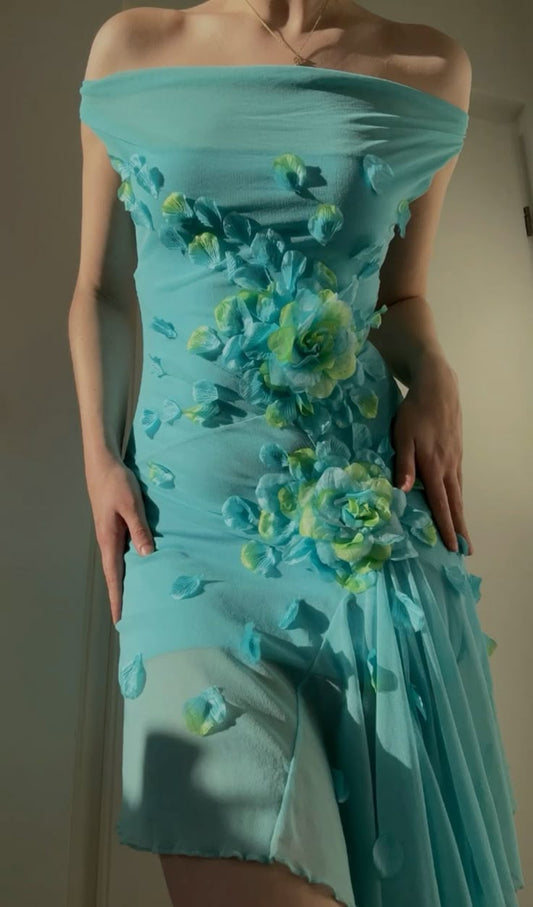 Sweet 16 Blue Off-shoulder Chiffon Bodycon Short Party Dresses 3D Applique Enchanted Homecoming Dresses ED02035