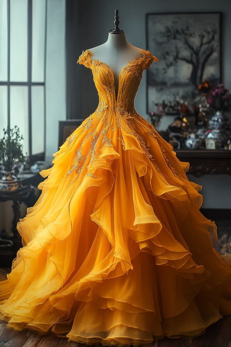 Yellow Deep V Neck Tulle A-Line Long Prom Dresses Unique Wedding Dress HZ1024