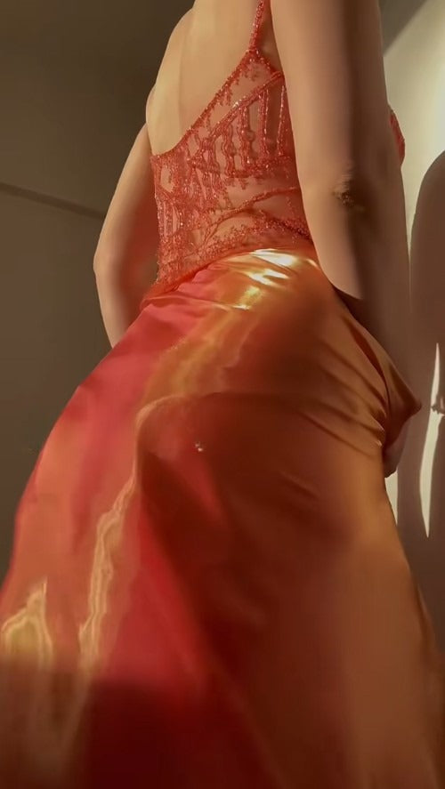 Gorgeous Orange Spaghetti Straps A-Line Tulle Beaded Party Dresses Elegant Prom Dresses ED02051