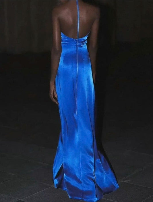 Elegant Royal Blue V-neck Sheath Evening Dress Sexy Backless Satin Long Prom Dresses with Slits ED02052