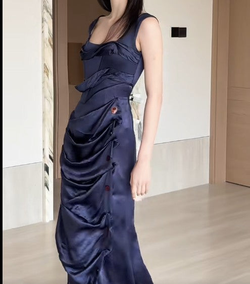Glam Navy Blue Square Neck Satin Pleated Party Dress Cocktail Dress ED02053