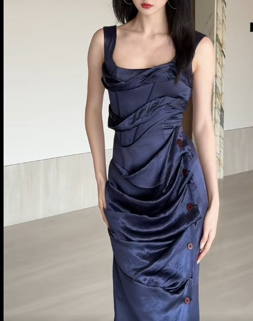 Glam Navy Blue Square Neck Satin Pleated Party Dress Cocktail Dress ED02053