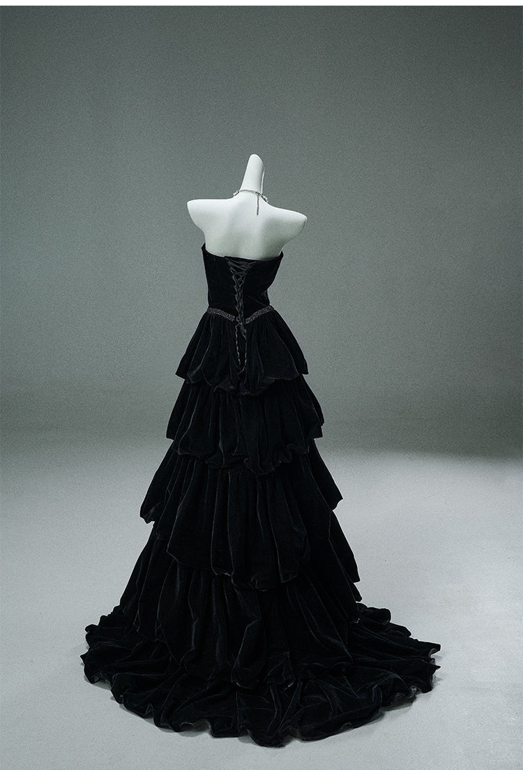 Black Strapless A-Line Velvet Layered Long Prom Dresses Formal Evening Dresses HZ1024