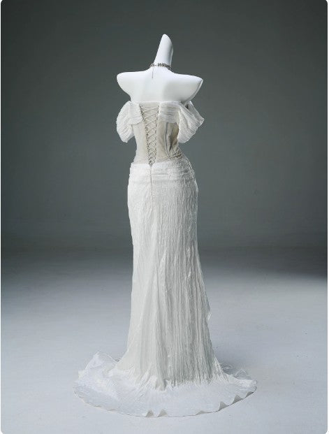 White Taffeta Off-the-shoulder Mermaid Evening Dress Beaded Long Prom Dresses HZ1024