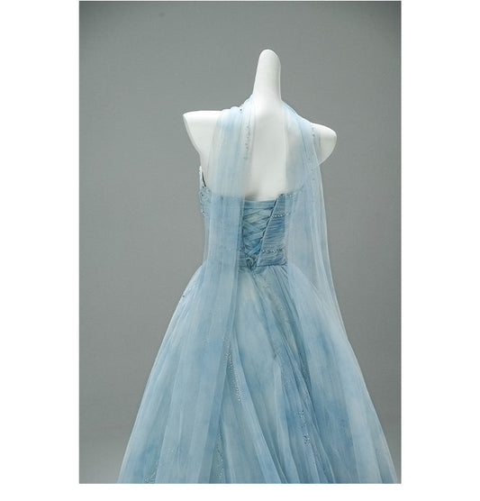 Strapless Blue A-Line Tulle Evening Dress Sparkling Beaded Long Prom Dresses HZ1024
